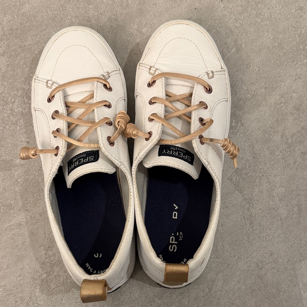 Sperry Cream Canvas Boat Shoes with Tan Accents
